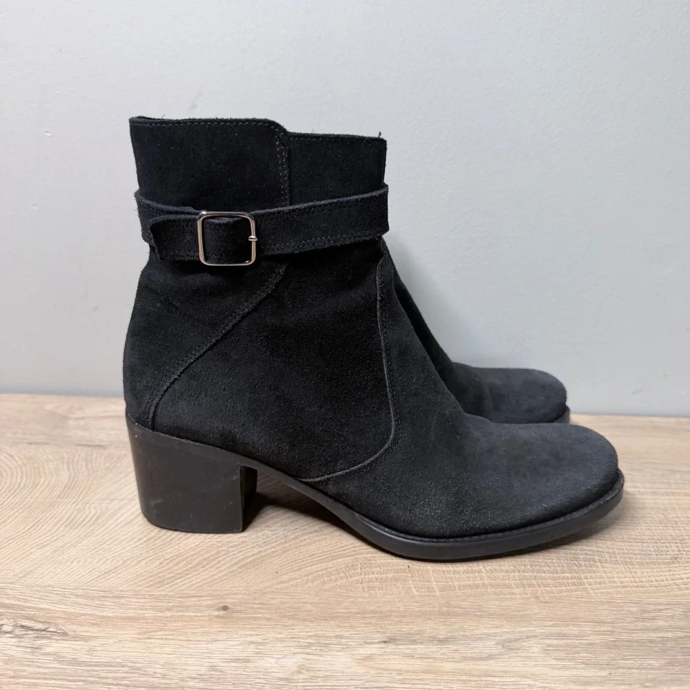 La Canadienne Ankle Boots Womens 9 Black Suede Waterproof‎ Buckle Block Heel